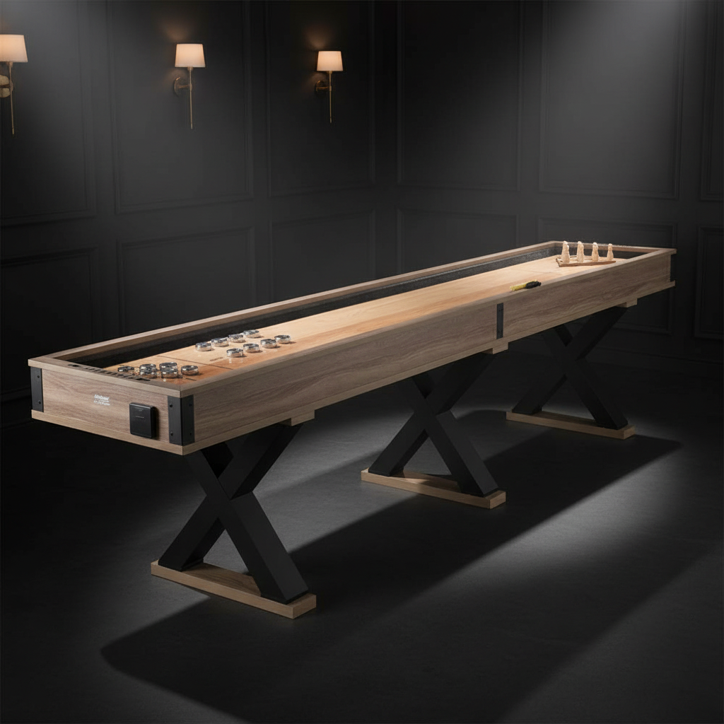Shuffleboard Table, 11.5 Ft Shuffleboard for Family Game Rooms, 2 in 1 Shuffleboard and Bowling Combo Game Set, with Scratch-Resistant Playfield, Legs, 8 Pucks, Bowling Set, Wax, and Table Brush