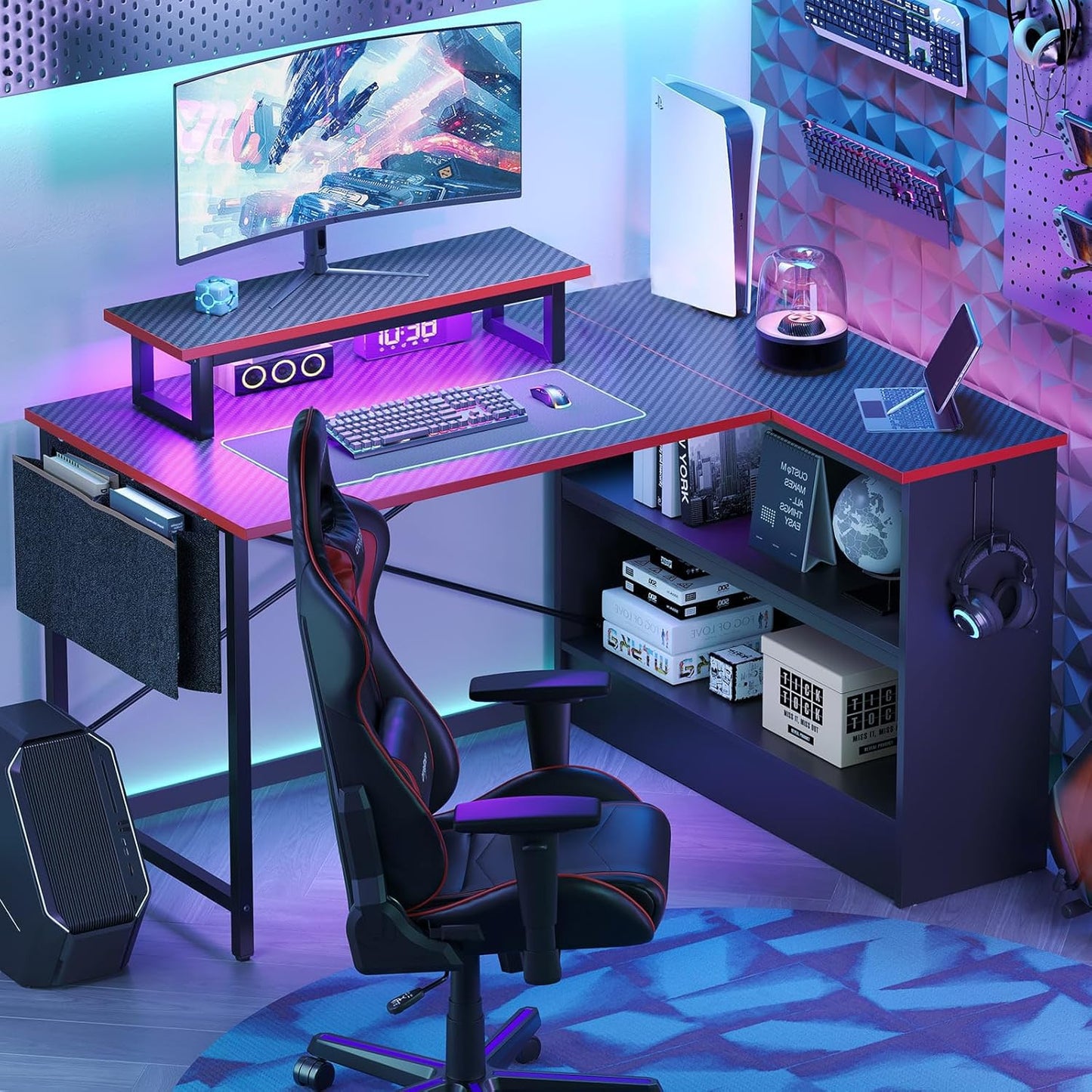 L Shaped Gaming Desk with Storage Shelves, 42 Inch Reversible Corner Computer Desk with LED Lights, PC Gaming Table with Side Storage Bag & Monitor Stand for Bedroom