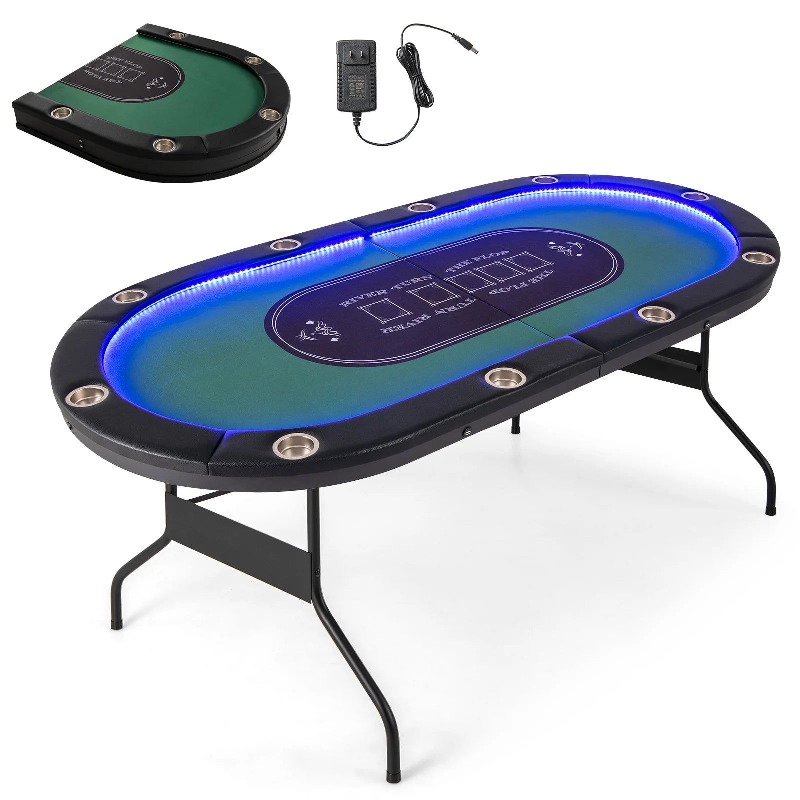 Foldable 10 Player Poker Table Casino Texas Holdem with LED Lights USB Ports Green