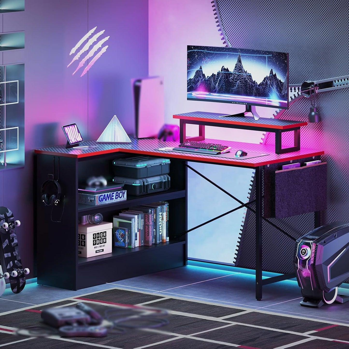L Shaped Gaming Desk with Storage Shelves, 42 Inch Reversible Corner Computer Desk with LED Lights, PC Gaming Table with Side Storage Bag & Monitor Stand for Bedroom