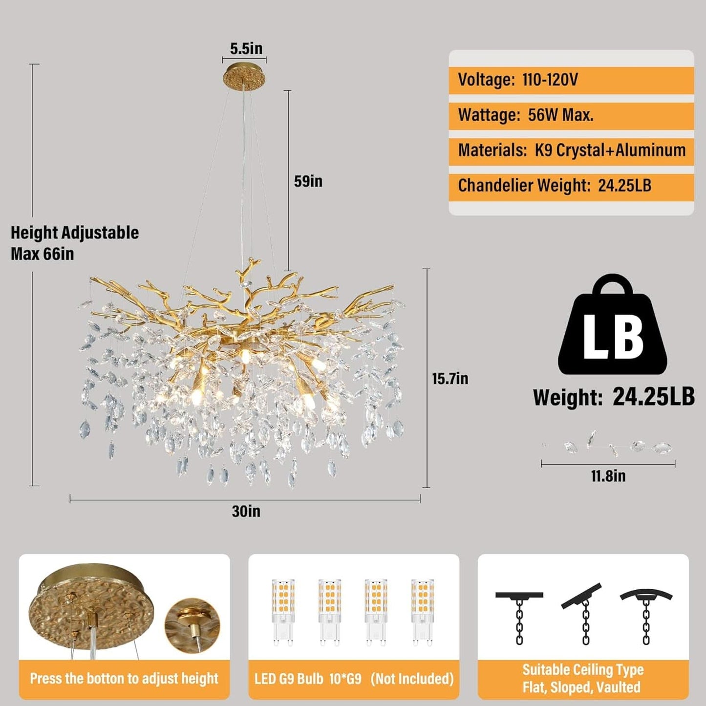 30 Inch Golden Crystal Raindrop Chandelier 10 Light
