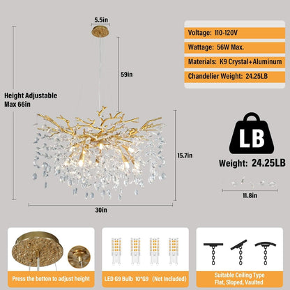 30 Inch Golden Crystal Raindrop Chandelier 10 Light