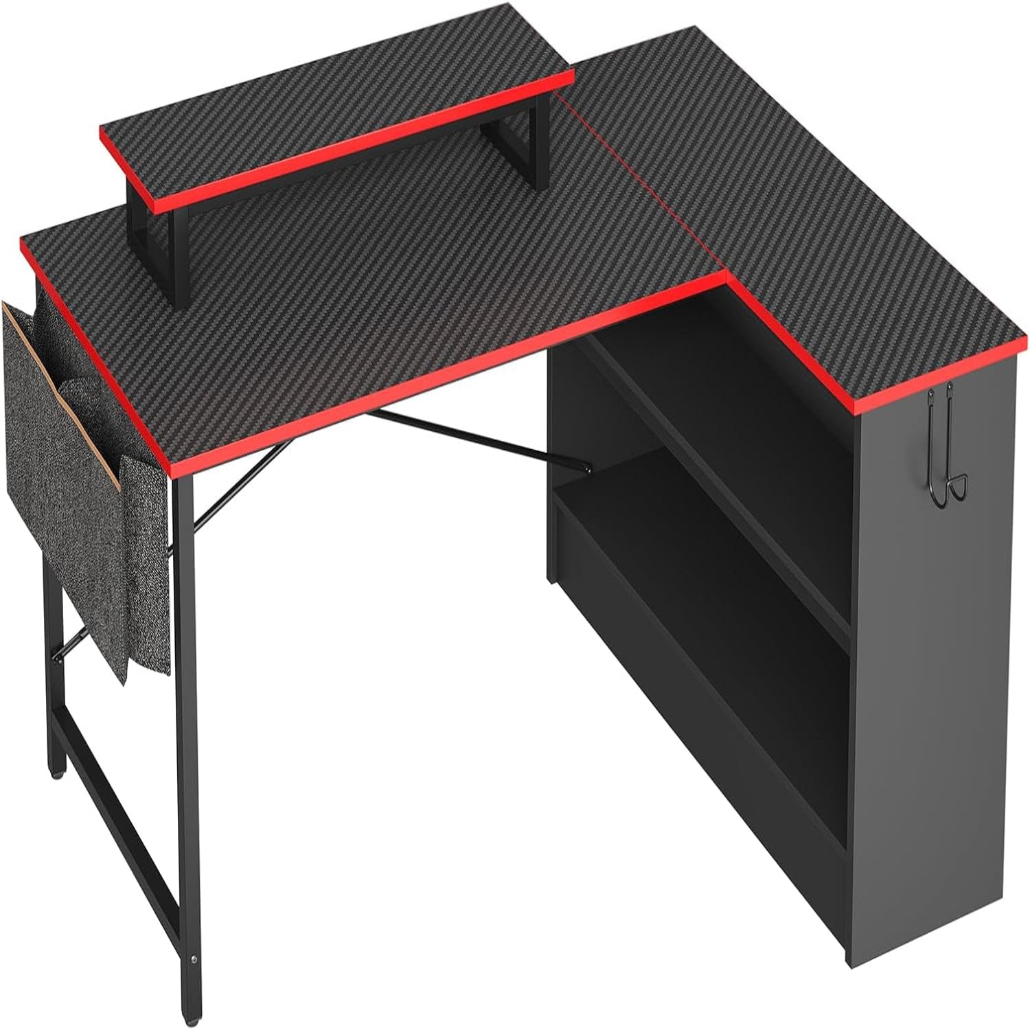 L Shaped Gaming Desk with Storage Shelves, 42 Inch Reversible Corner Computer Desk with LED Lights, PC Gaming Table with Side Storage Bag & Monitor Stand for Bedroom