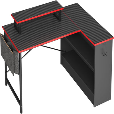 L Shaped Gaming Desk with Storage Shelves, 42 Inch Reversible Corner Computer Desk with LED Lights, PC Gaming Table with Side Storage Bag & Monitor Stand for Bedroom