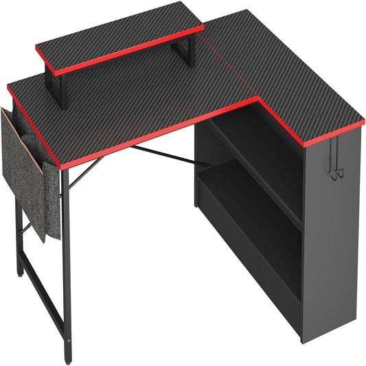 L Shaped Gaming Desk with Storage Shelves, 42 Inch Reversible Corner Computer Desk with LED Lights, PC Gaming Table with Side Storage Bag & Monitor Stand for Bedroom