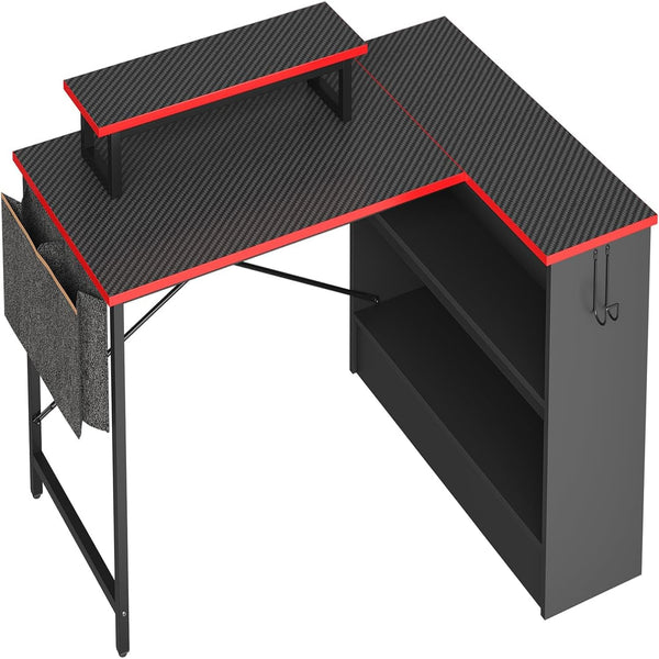 L Shaped Gaming Desk with Storage Shelves, 42 Inch Reversible Corner Computer Desk with LED Lights, PC Gaming Table with Side Storage Bag & Monitor Stand for Bedroom