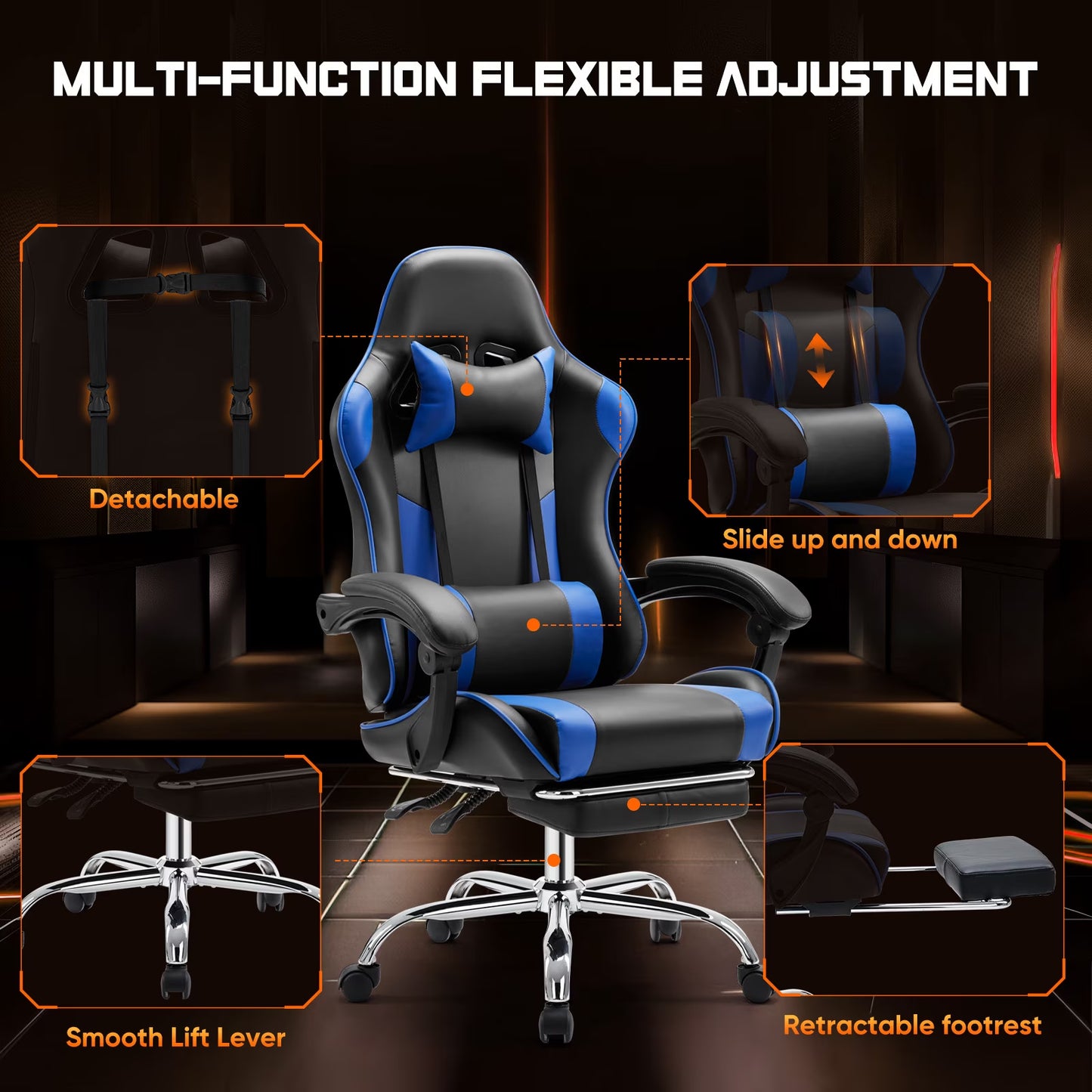 Comfort Gaming Chair, Ergonomic Design, Adjustable Features, Home Offfice Chair, Black and Blue