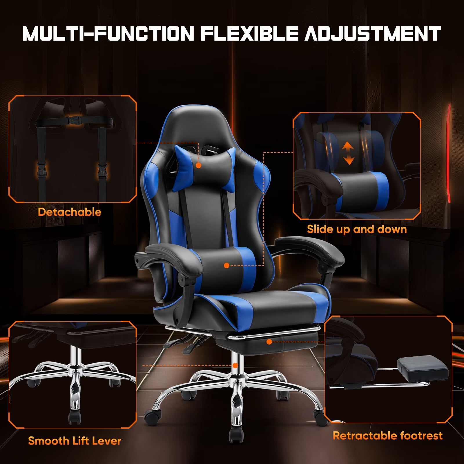 Comfort Gaming Chair, Ergonomic Design, Adjustable Features, Home Offfice Chair, Black and Blue