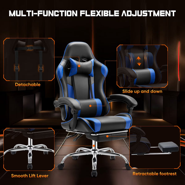 Comfort Gaming Chair, Ergonomic Design, Adjustable Features, Home Offfice Chair, Black and Blue