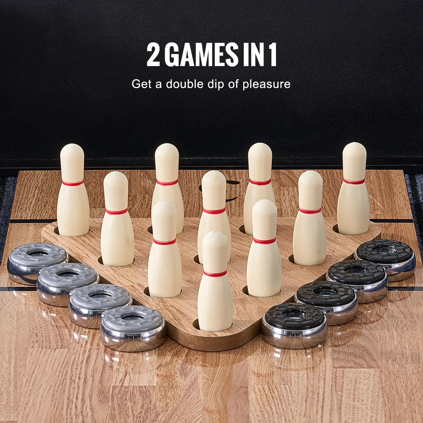 Shuffleboard Table, 9 Ft Shuffleboard for Family Game Rooms, 2 in 1 Shuffleboard and Bowling Combo Game Set, with Scratch-Resistant Playfield, Legs, 8 Pucks, Bowling Set, Wax