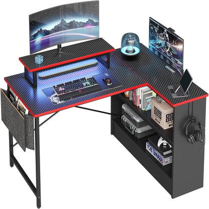 L Shaped Gaming Desk with Storage Shelves, 42 Inch Reversible Corner Computer Desk with LED Lights, PC Gaming Table with Side Storage Bag & Monitor Stand for Bedroom