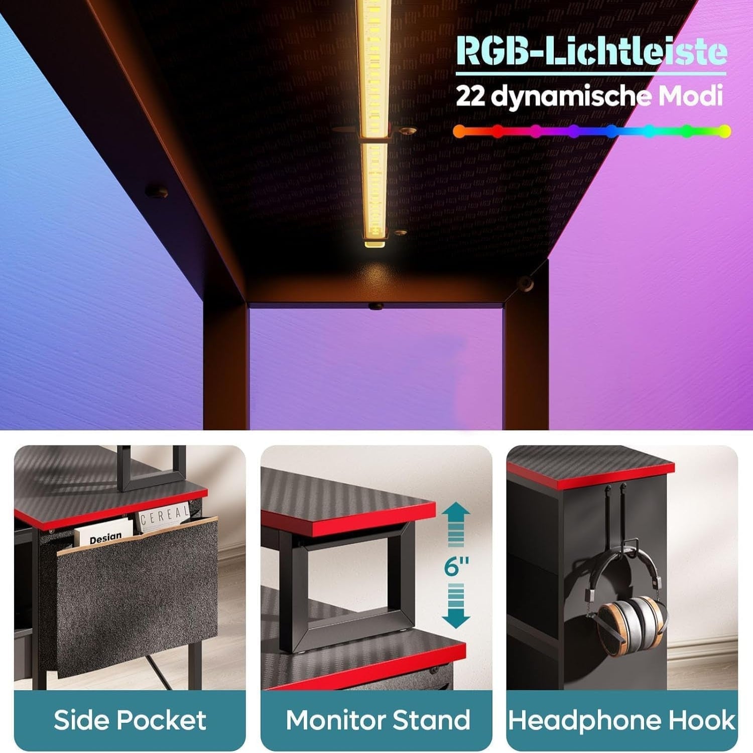 L Shaped Gaming Desk with Storage Shelves, 42 Inch Reversible Corner Computer Desk with LED Lights, PC Gaming Table with Side Storage Bag & Monitor Stand for Bedroom
