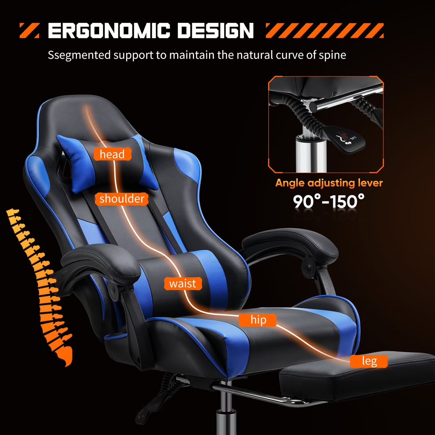 Comfort Gaming Chair, Ergonomic Design, Adjustable Features, Home Offfice Chair, Black and Blue