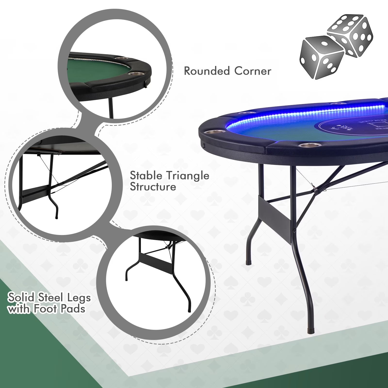 Foldable 10 Player Poker Table Casino Texas Holdem with LED Lights USB Ports Green