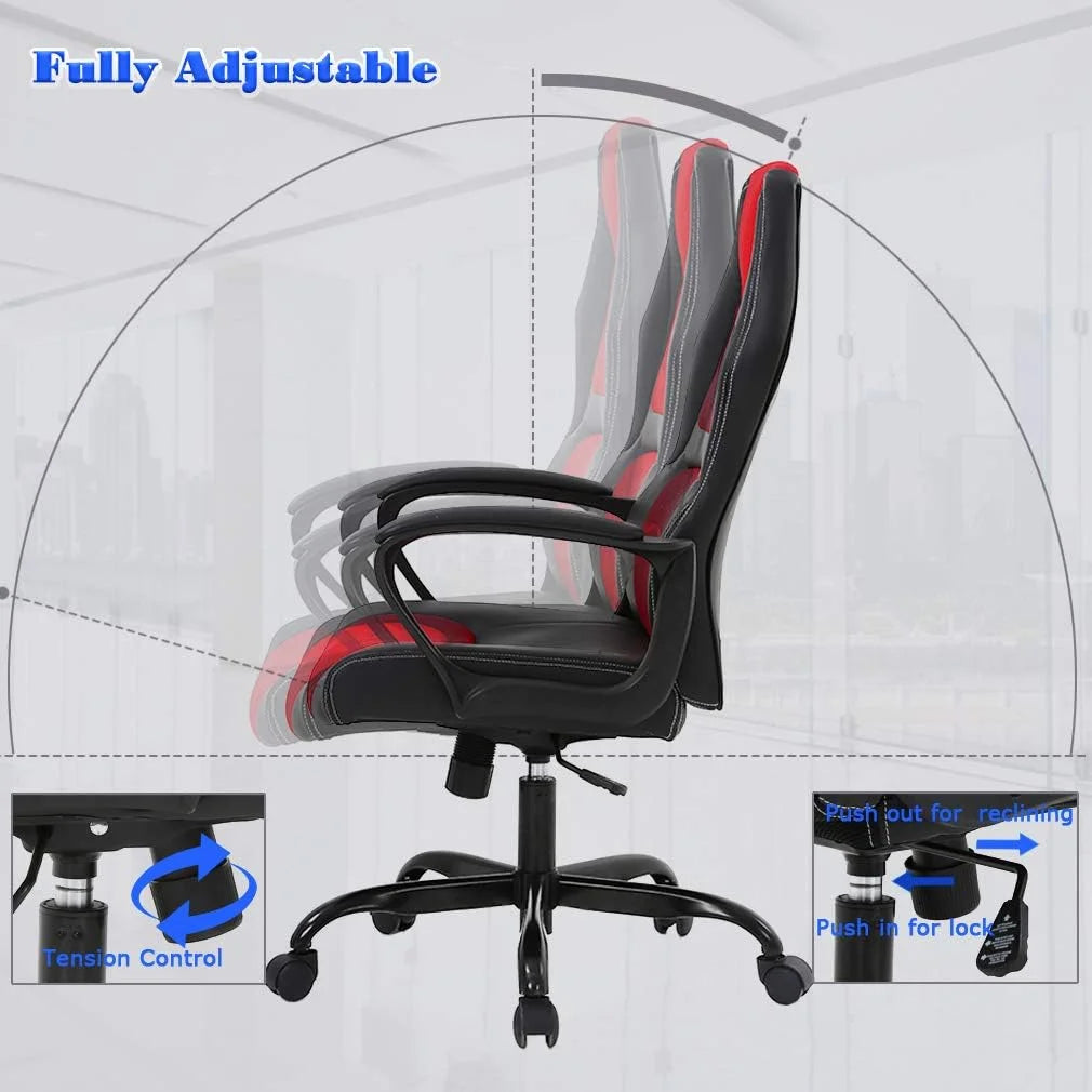 PC Gaming Chair - Ergonomic Desk Chair PU Leather W/Lumbar Support for Women, Men (Red)