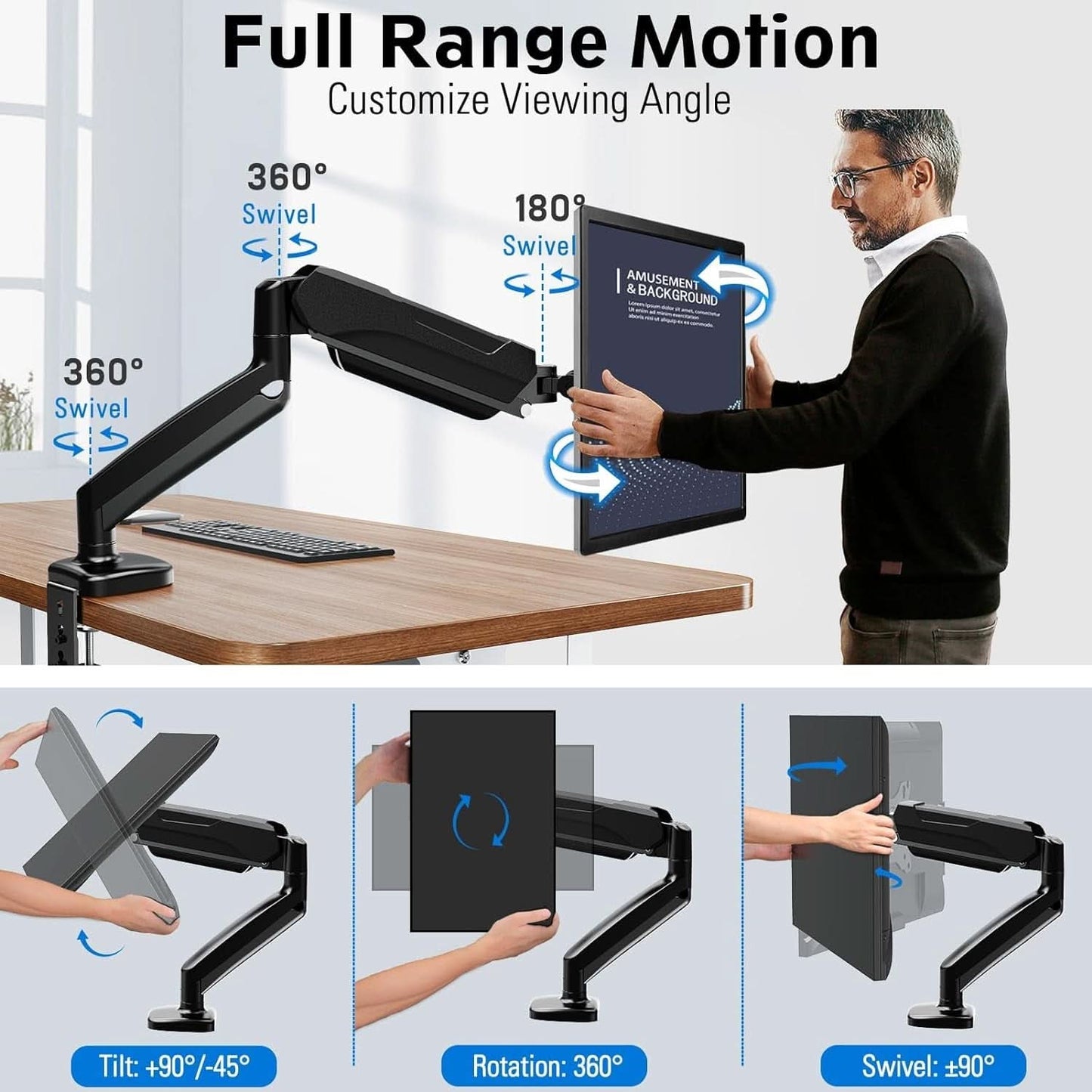 32 Inch Gas Spring Monitor Arm With Clamp VESA Black