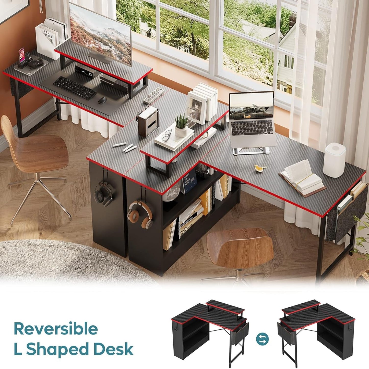 L Shaped Gaming Desk with Storage Shelves, 42 Inch Reversible Corner Computer Desk with LED Lights, PC Gaming Table with Side Storage Bag & Monitor Stand for Bedroom