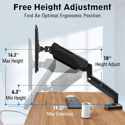 32 Inch Gas Spring Monitor Arm With Clamp VESA Black