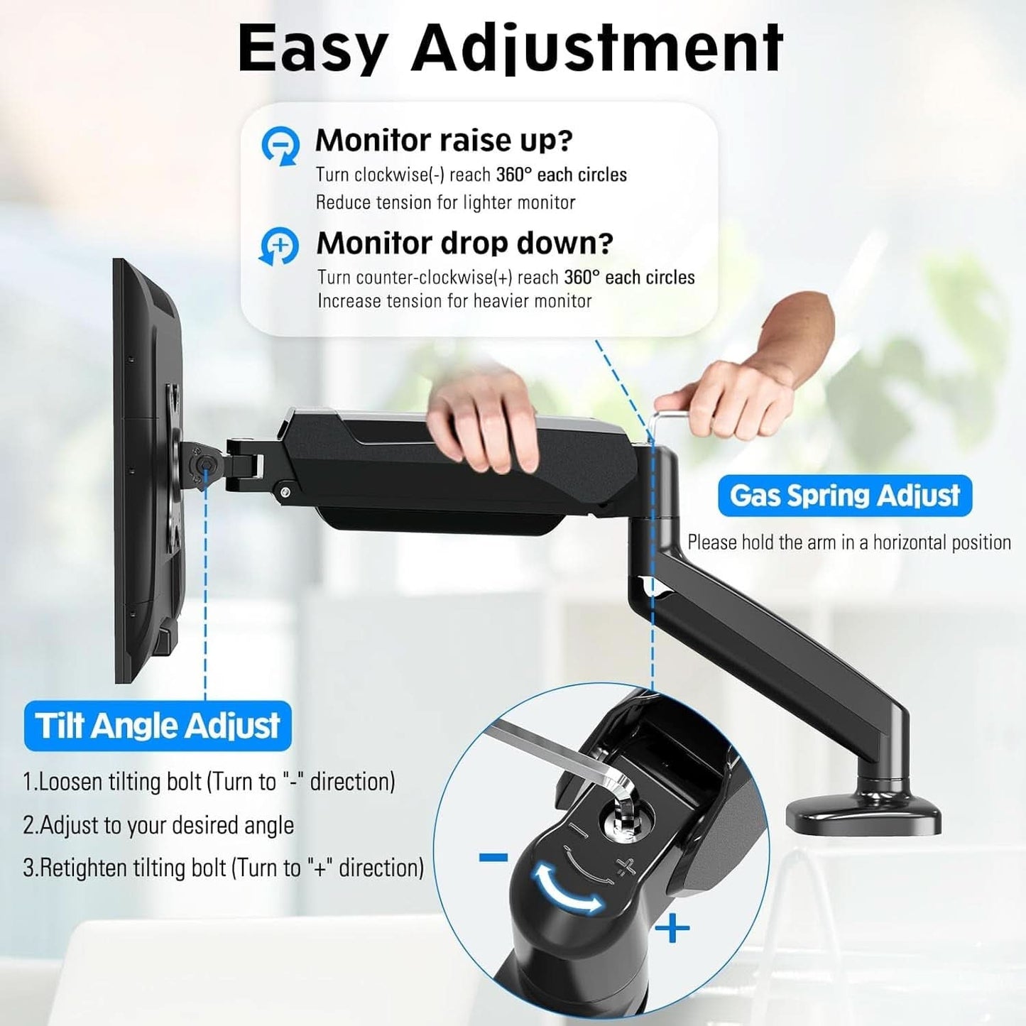 32 Inch Gas Spring Monitor Arm With Clamp VESA Black
