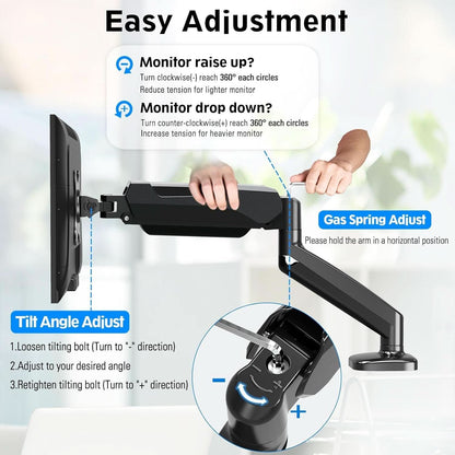 32 Inch Gas Spring Monitor Arm With Clamp VESA Black