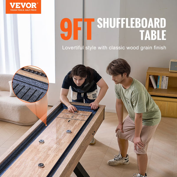 Shuffleboard Table, 9 Ft Shuffleboard for Family Game Rooms, 2 in 1 Shuffleboard and Bowling Combo Game Set, with Scratch-Resistant Playfield, Legs, 8 Pucks, Bowling Set, Wax
