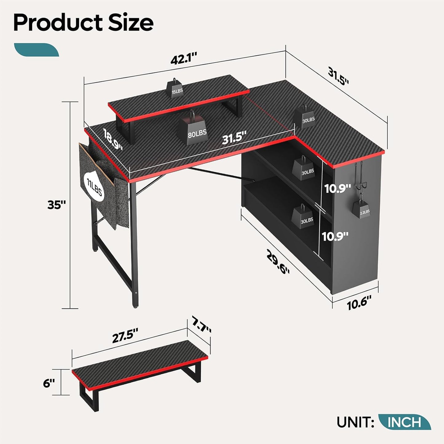 L Shaped Gaming Desk with Storage Shelves, 42 Inch Reversible Corner Computer Desk with LED Lights, PC Gaming Table with Side Storage Bag & Monitor Stand for Bedroom