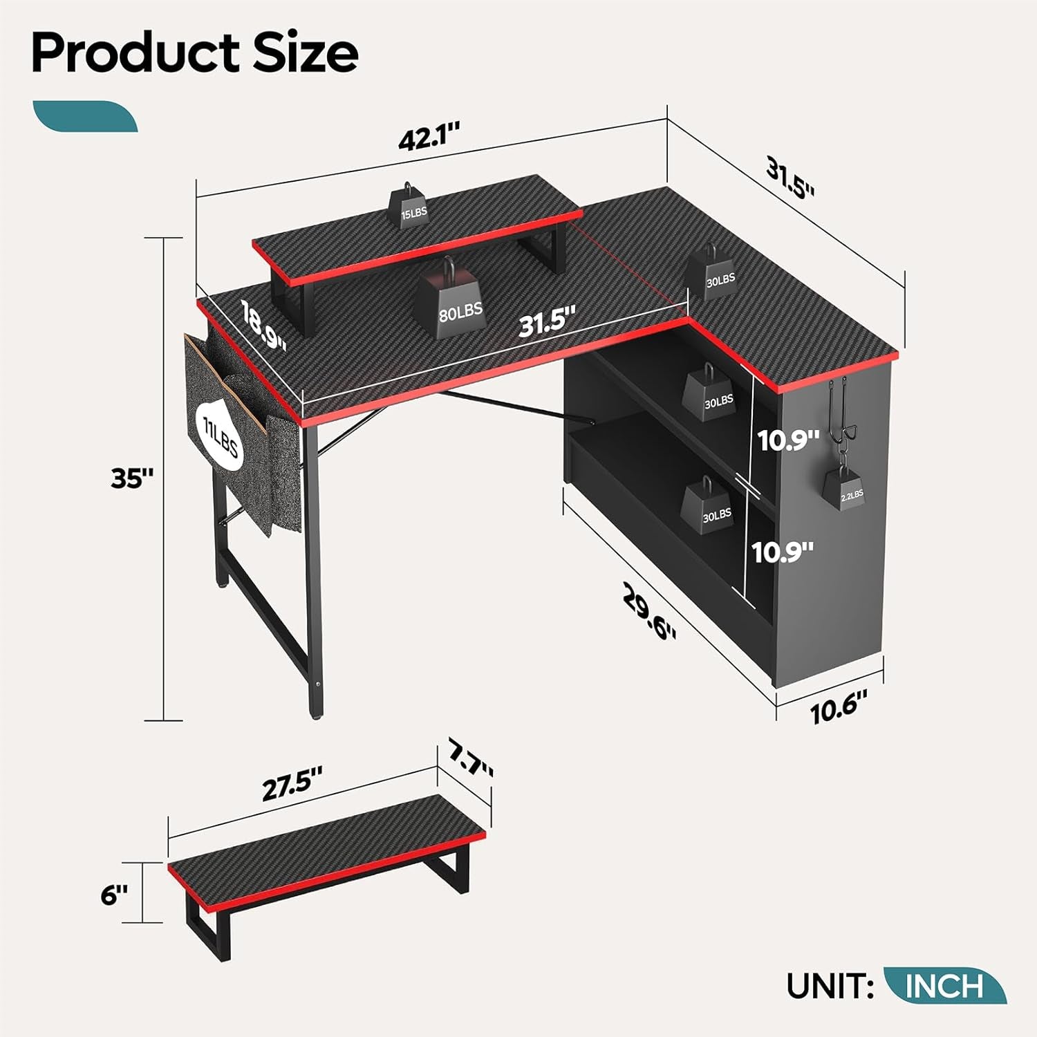 L Shaped Gaming Desk with Storage Shelves, 42 Inch Reversible Corner Computer Desk with LED Lights, PC Gaming Table with Side Storage Bag & Monitor Stand for Bedroom