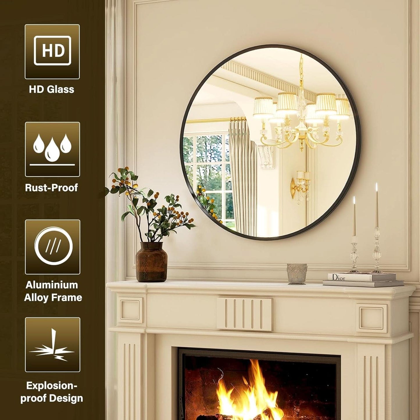 24 Inch Matte Black Round Wall Mirror For Bathroom Vanity And Living Room Decor