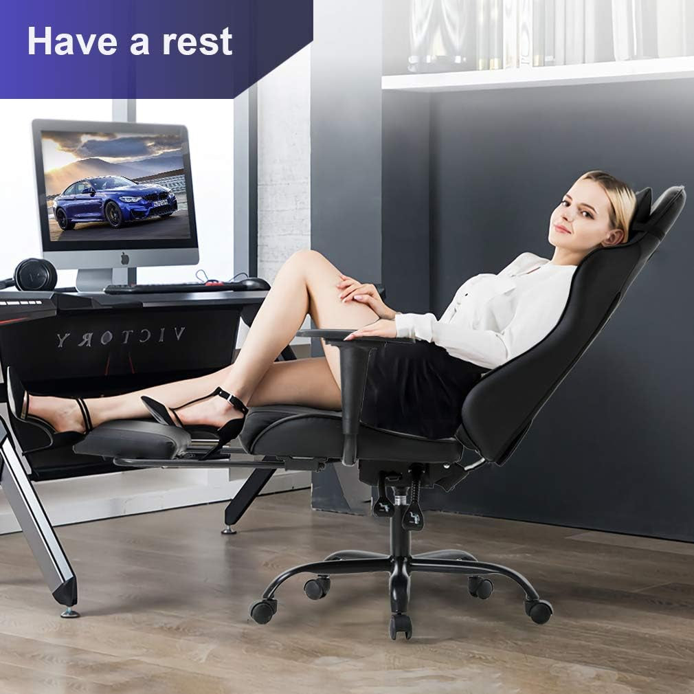 Office Chair PC Gaming Chair Ergonomic Desk Chair Executive PU Leather Computer Chair Lumbar Support with Footrest Modern Task Rolling Swivel Racing Chair for Women&Men, Black