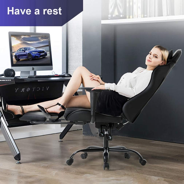 Office Chair PC Gaming Chair Ergonomic Desk Chair Executive PU Leather Computer Chair Lumbar Support with Footrest Modern Task Rolling Swivel Racing Chair for Women&Men, Black