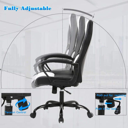 Adult PU Leather and Mesh Racing Gaming Chair with Swivel and Lumbar Support, White