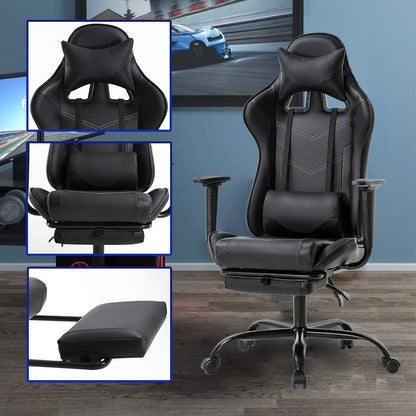 Office Chair PC Gaming Chair Ergonomic Desk Chair Executive PU Leather Computer Chair Lumbar Support with Footrest Modern Task Rolling Swivel Racing Chair for Women&Men, Black