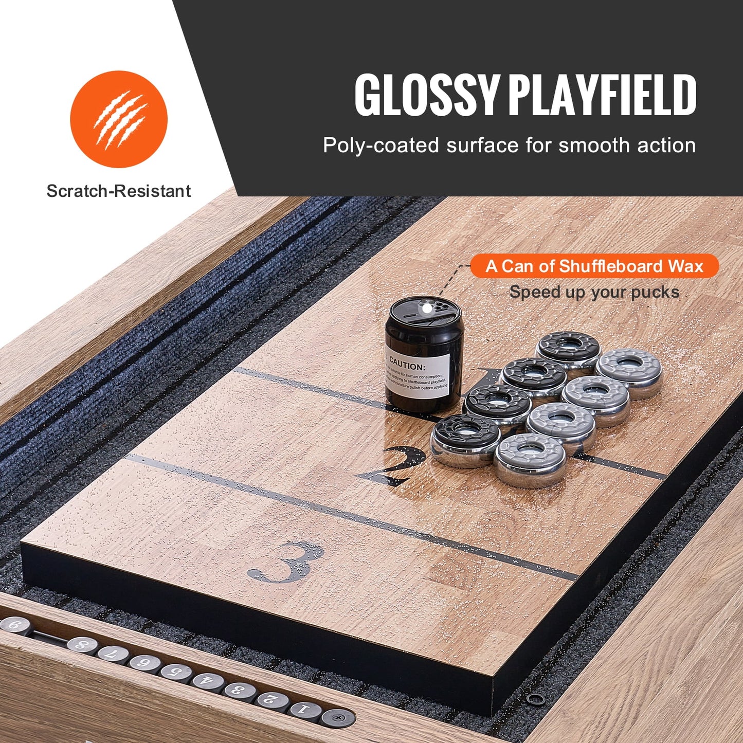 Shuffleboard Table, 9 Ft Shuffleboard for Family Game Rooms, 2 in 1 Shuffleboard and Bowling Combo Game Set, with Scratch-Resistant Playfield, Legs, 8 Pucks, Bowling Set, Wax