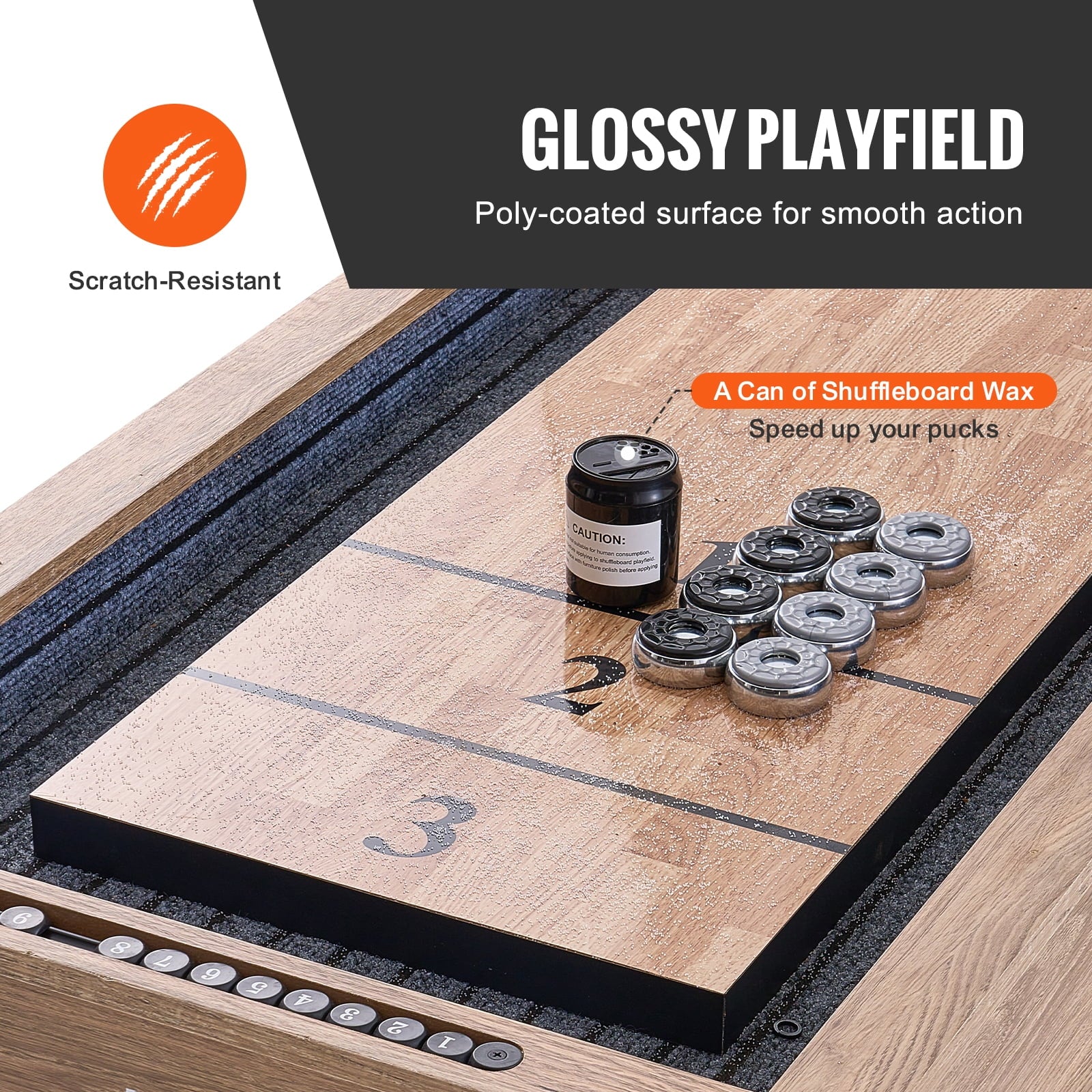 Shuffleboard Table, 9 Ft Shuffleboard for Family Game Rooms, 2 in 1 Shuffleboard and Bowling Combo Game Set, with Scratch-Resistant Playfield, Legs, 8 Pucks, Bowling Set, Wax