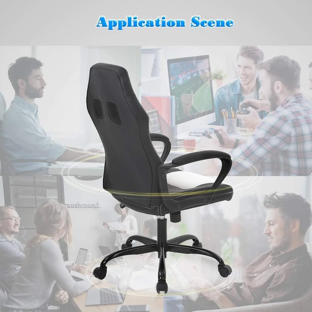 Adult PU Leather and Mesh Racing Gaming Chair with Swivel and Lumbar Support, White