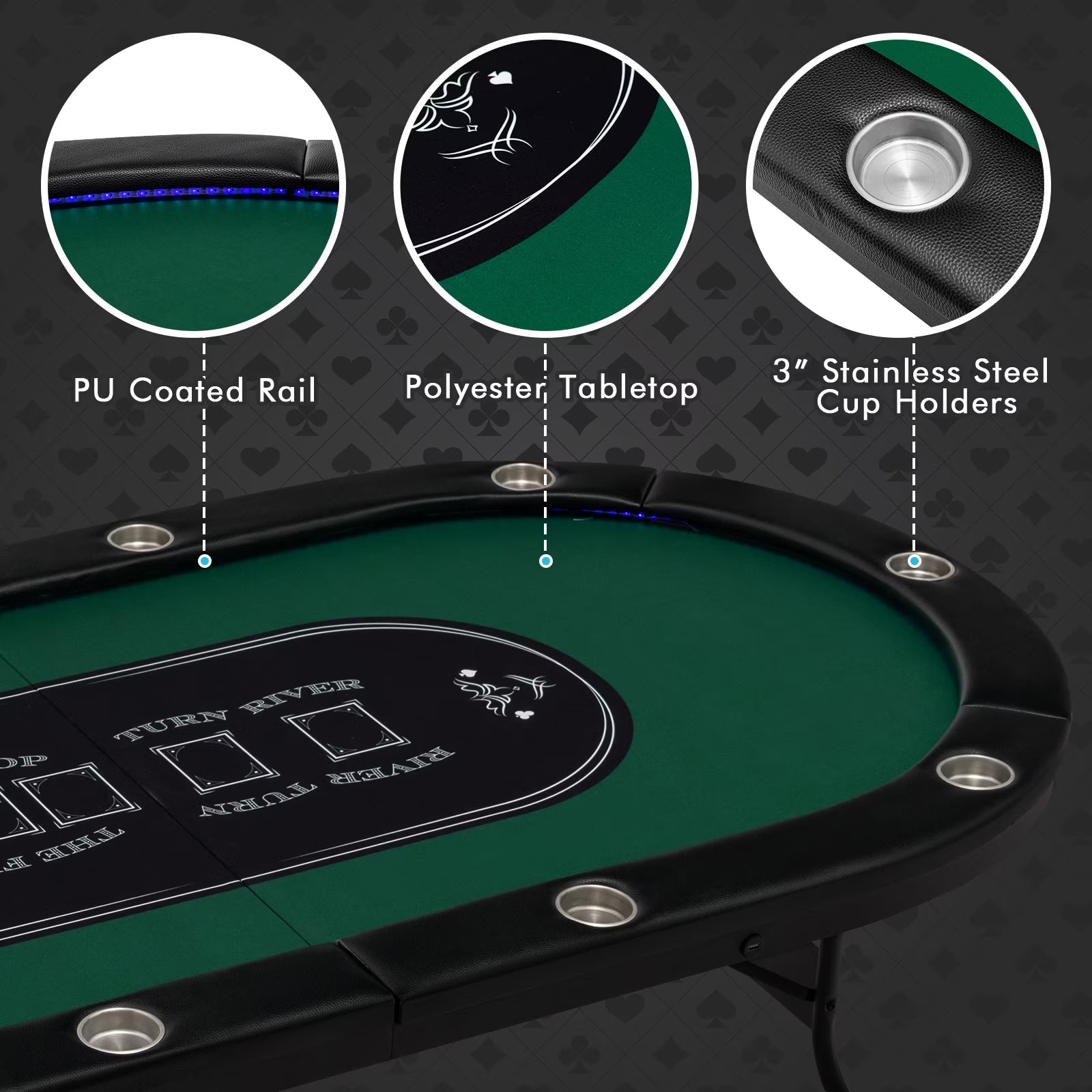 Foldable 10 Player Poker Table Casino Texas Holdem with LED Lights USB Ports Green
