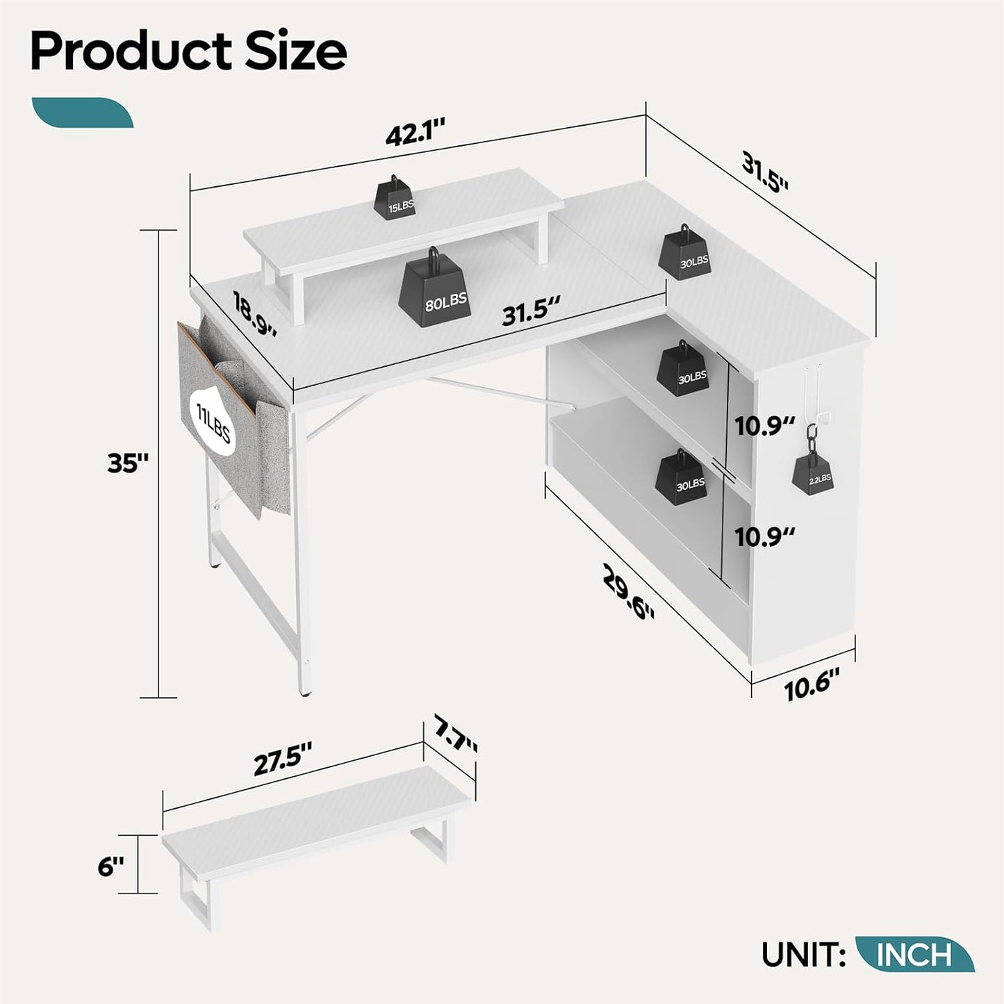 L Shaped Gaming Desk with LED Lights, 42 Inch Computer Desk with Monitor Stand & Open Storage Cabinet,Writing Study Corner Desk for Home Office Bedroom, White