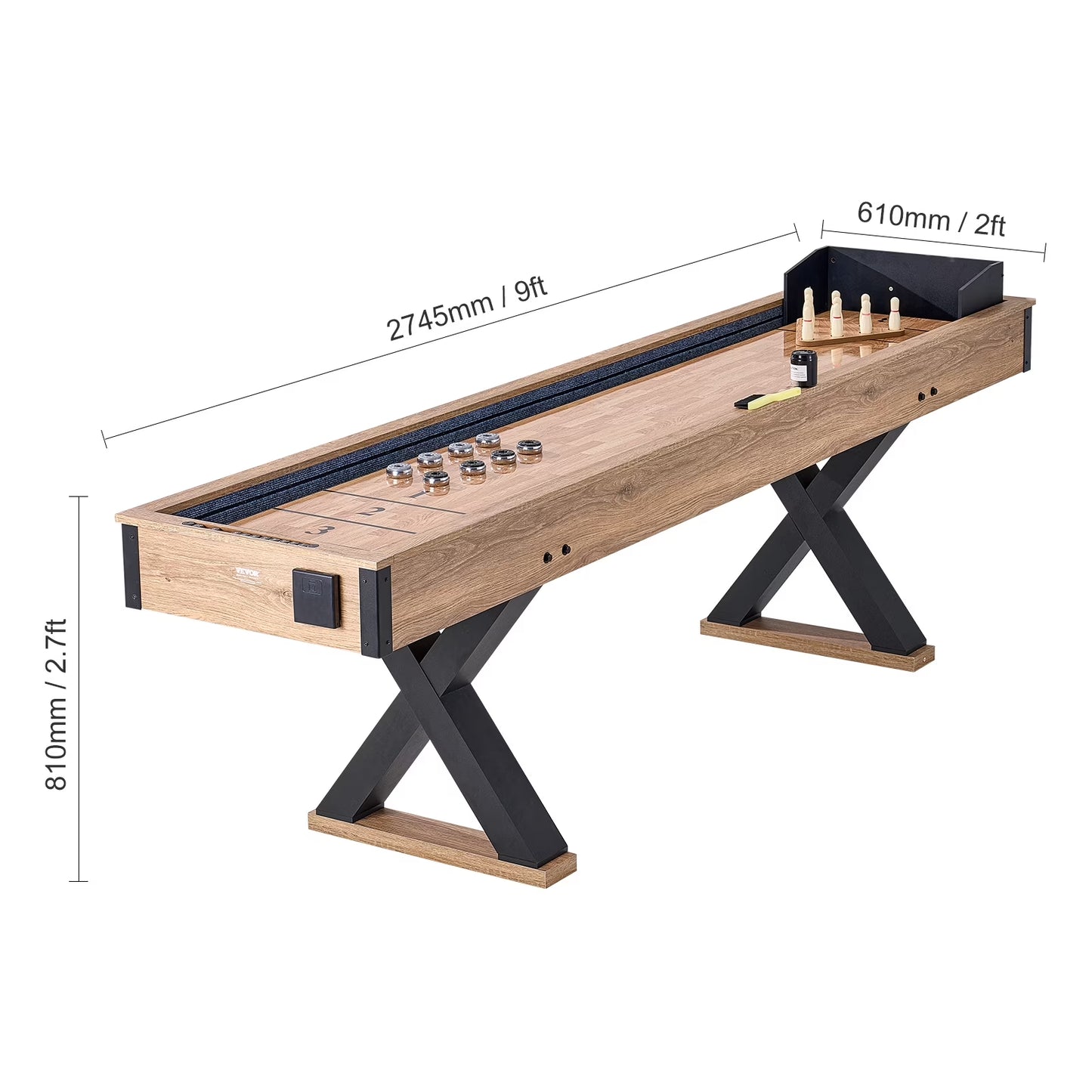 Shuffleboard Table, 9 Ft Shuffleboard for Family Game Rooms, 2 in 1 Shuffleboard and Bowling Combo Game Set, with Scratch-Resistant Playfield, Legs, 8 Pucks, Bowling Set, Wax