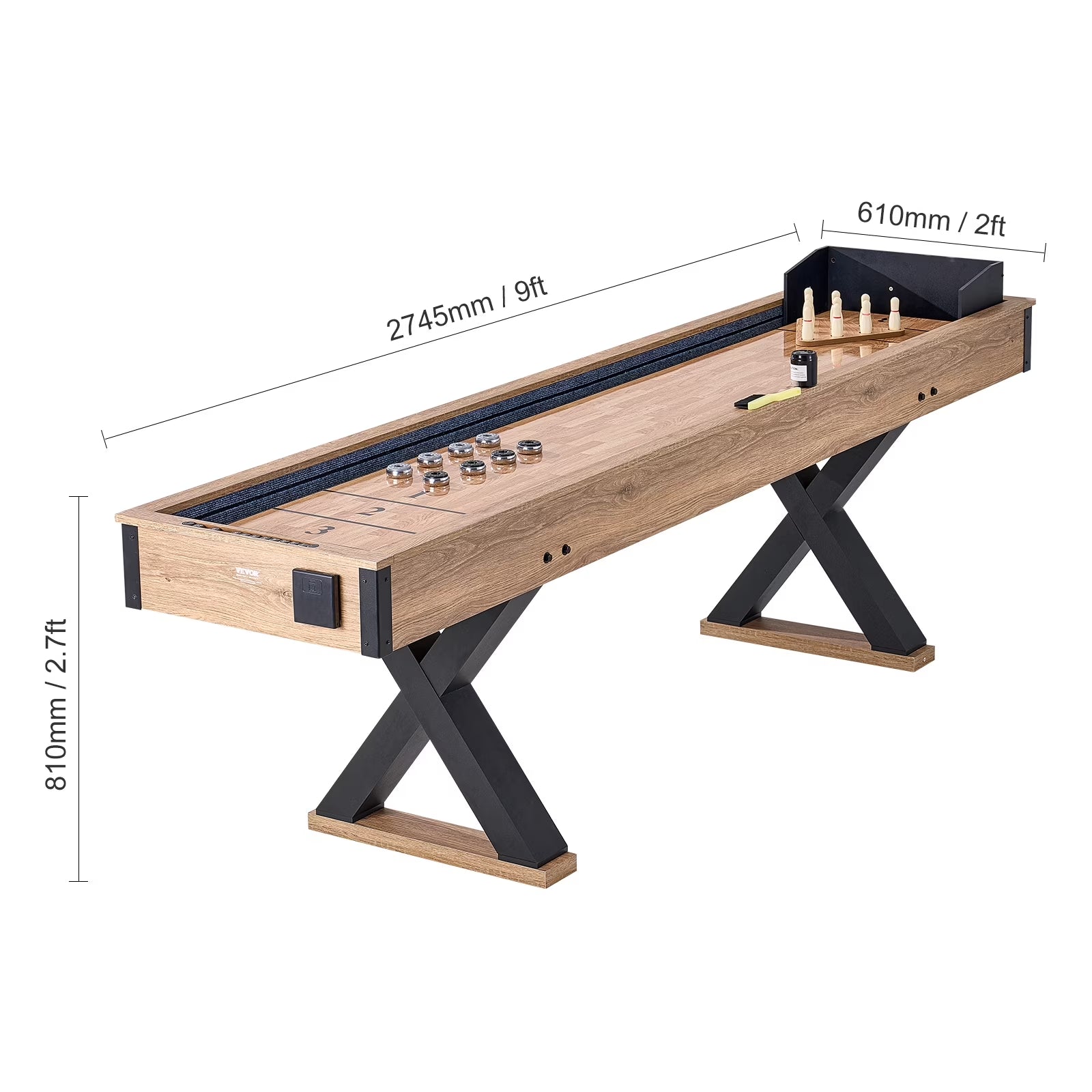 Shuffleboard Table, 9 Ft Shuffleboard for Family Game Rooms, 2 in 1 Shuffleboard and Bowling Combo Game Set, with Scratch-Resistant Playfield, Legs, 8 Pucks, Bowling Set, Wax