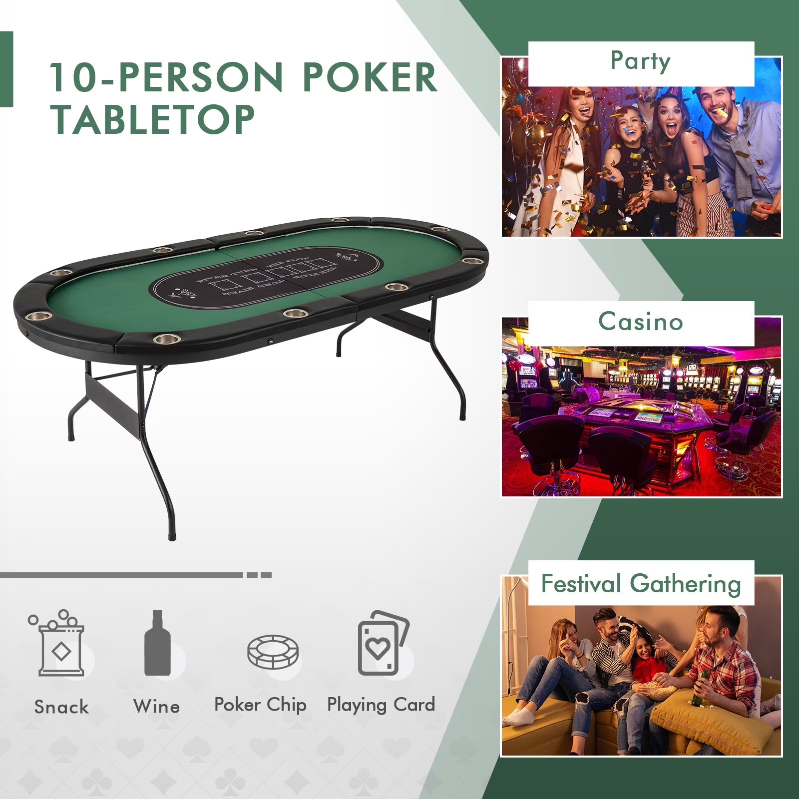 Foldable 10 Player Poker Table Casino Texas Holdem with LED Lights USB Ports Green