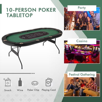 Foldable 10 Player Poker Table Casino Texas Holdem with LED Lights USB Ports Green