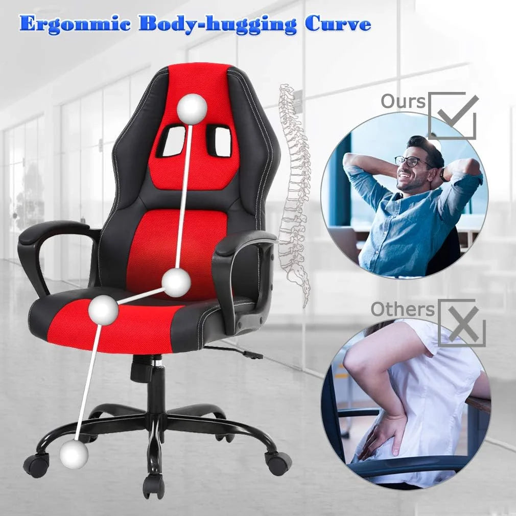 PC Gaming Chair - Ergonomic Desk Chair PU Leather W/Lumbar Support for Women, Men (Red)