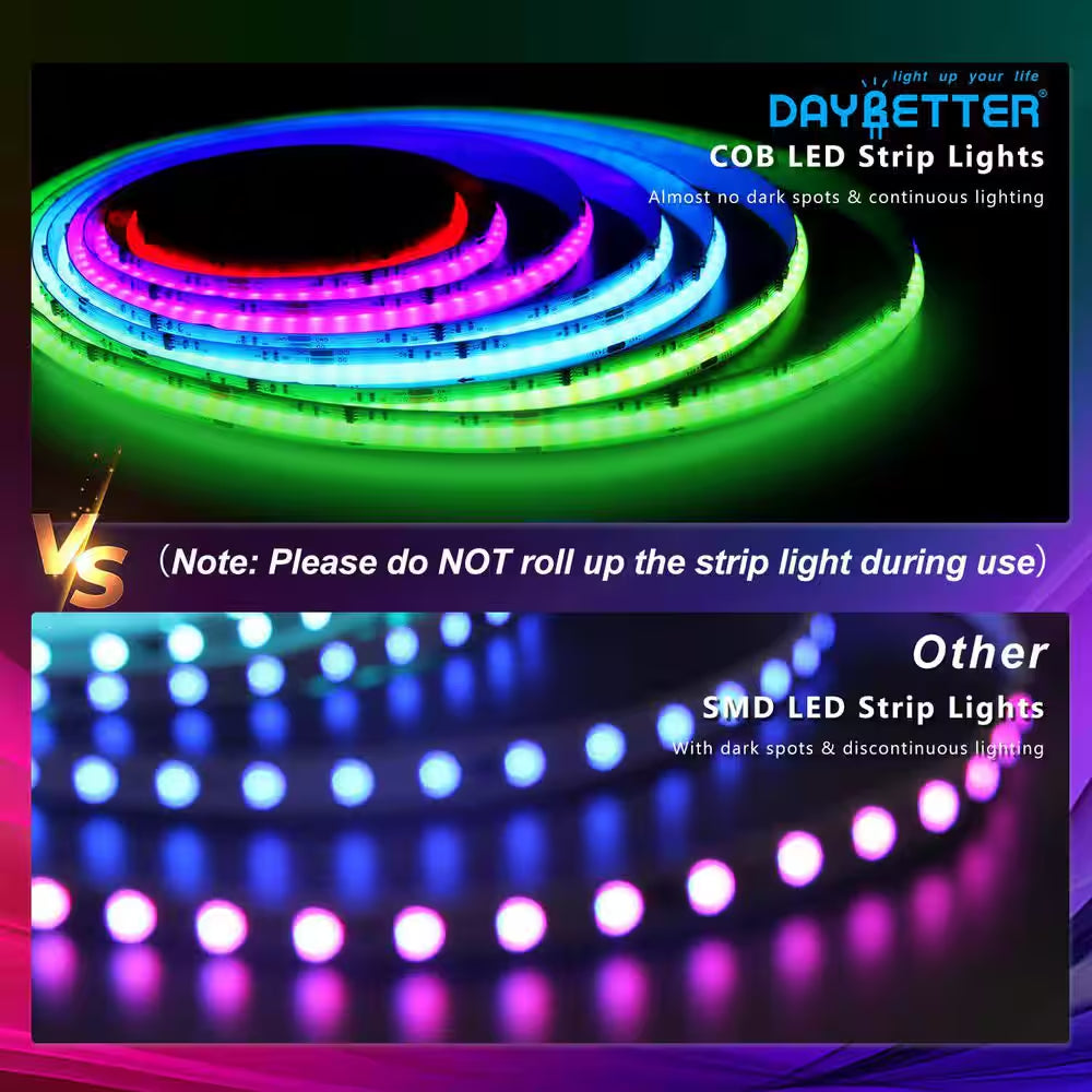 32.8 Ft. Hardwired RGB Smart IC COB Integrated LED Strip Light, High Density Uniform Tape Light for Bedroom Holiday