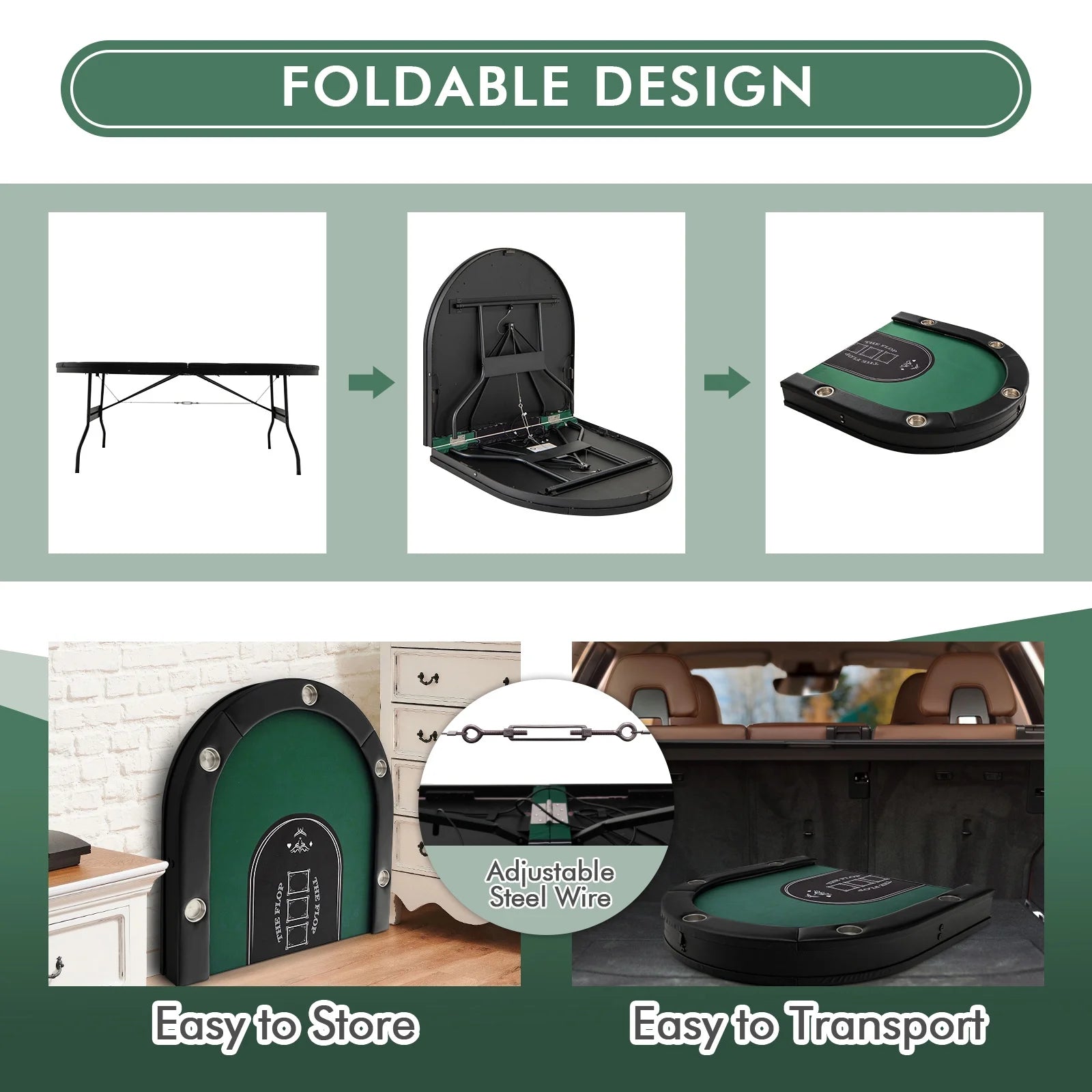 Foldable 10 Player Poker Table Casino Texas Holdem with LED Lights USB Ports Green