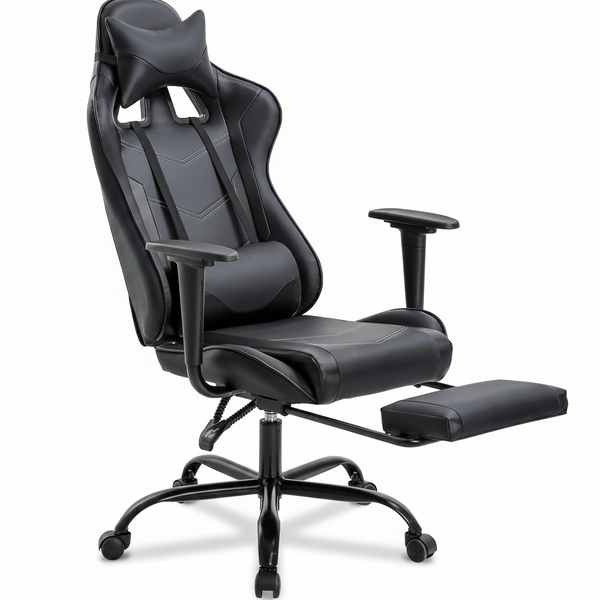 Office Chair PC Gaming Chair Ergonomic Desk Chair Executive PU Leather Computer Chair Lumbar Support with Footrest Modern Task Rolling Swivel Racing Chair for Women&Men, Black