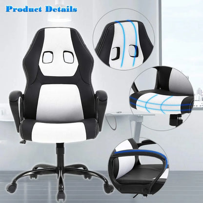 Adult PU Leather and Mesh Racing Gaming Chair with Swivel and Lumbar Support, White