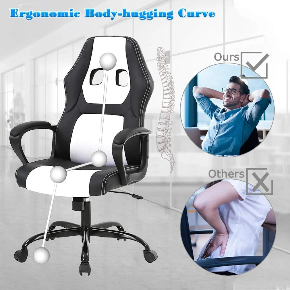 Adult PU Leather and Mesh Racing Gaming Chair with Swivel and Lumbar Support, White