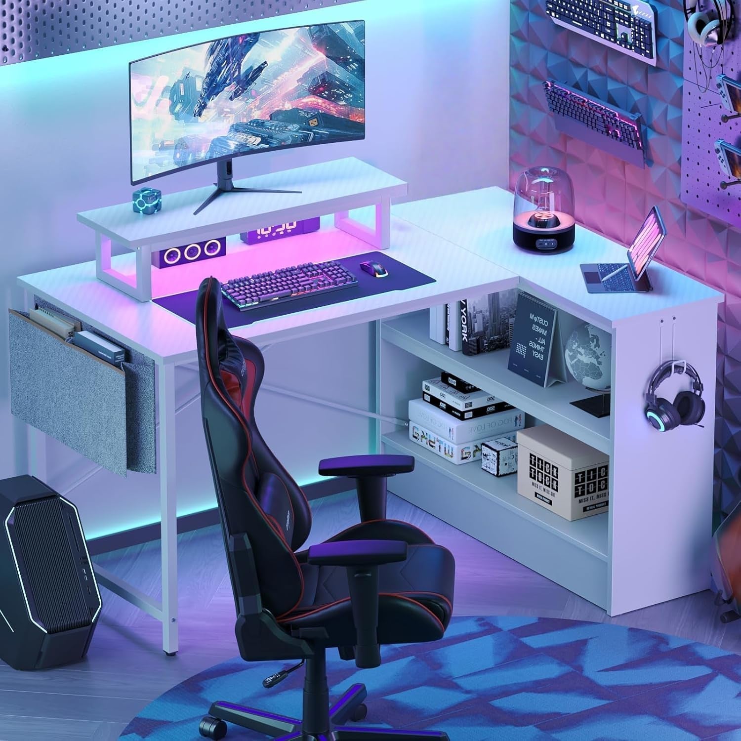 L Shaped Gaming Desk with LED Lights, 42 Inch Computer Desk with Monitor Stand & Open Storage Cabinet,Writing Study Corner Desk for Home Office Bedroom, White