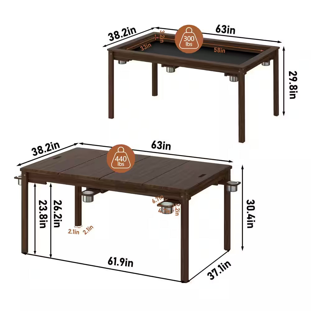 Wood Poker Table Convertible Gaming Table for 4-6 Players with Removable Tops