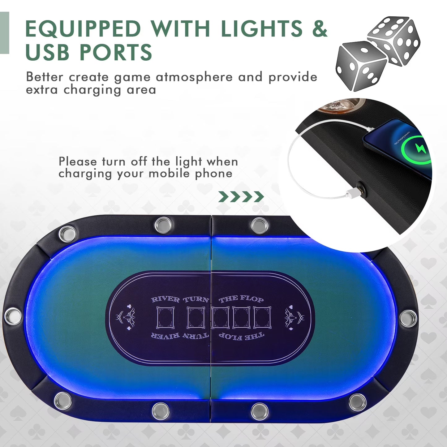 Foldable 10 Player Poker Table Casino Texas Holdem with LED Lights USB Ports Green